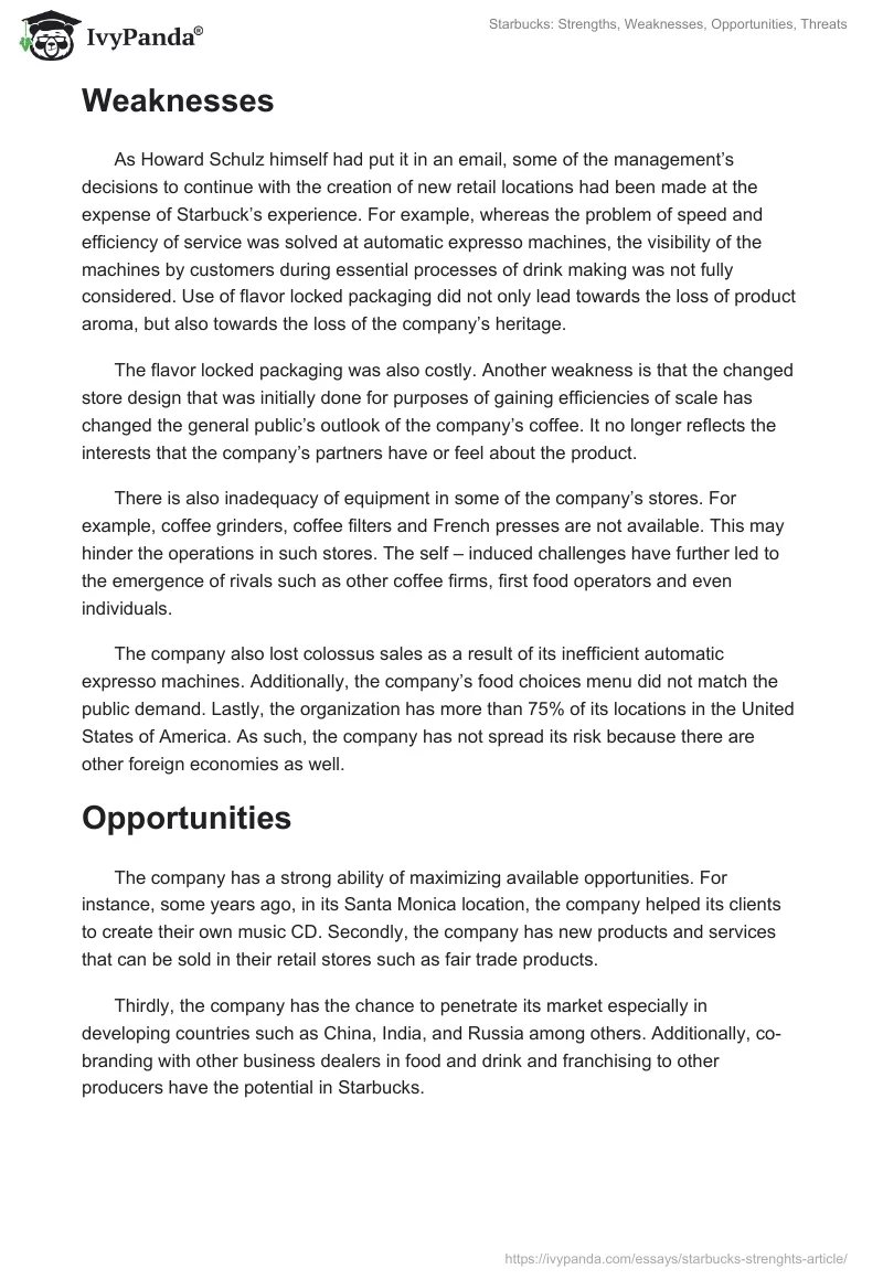 Starbucks: Strengths, Weaknesses, Opportunities, Threats. Page 3