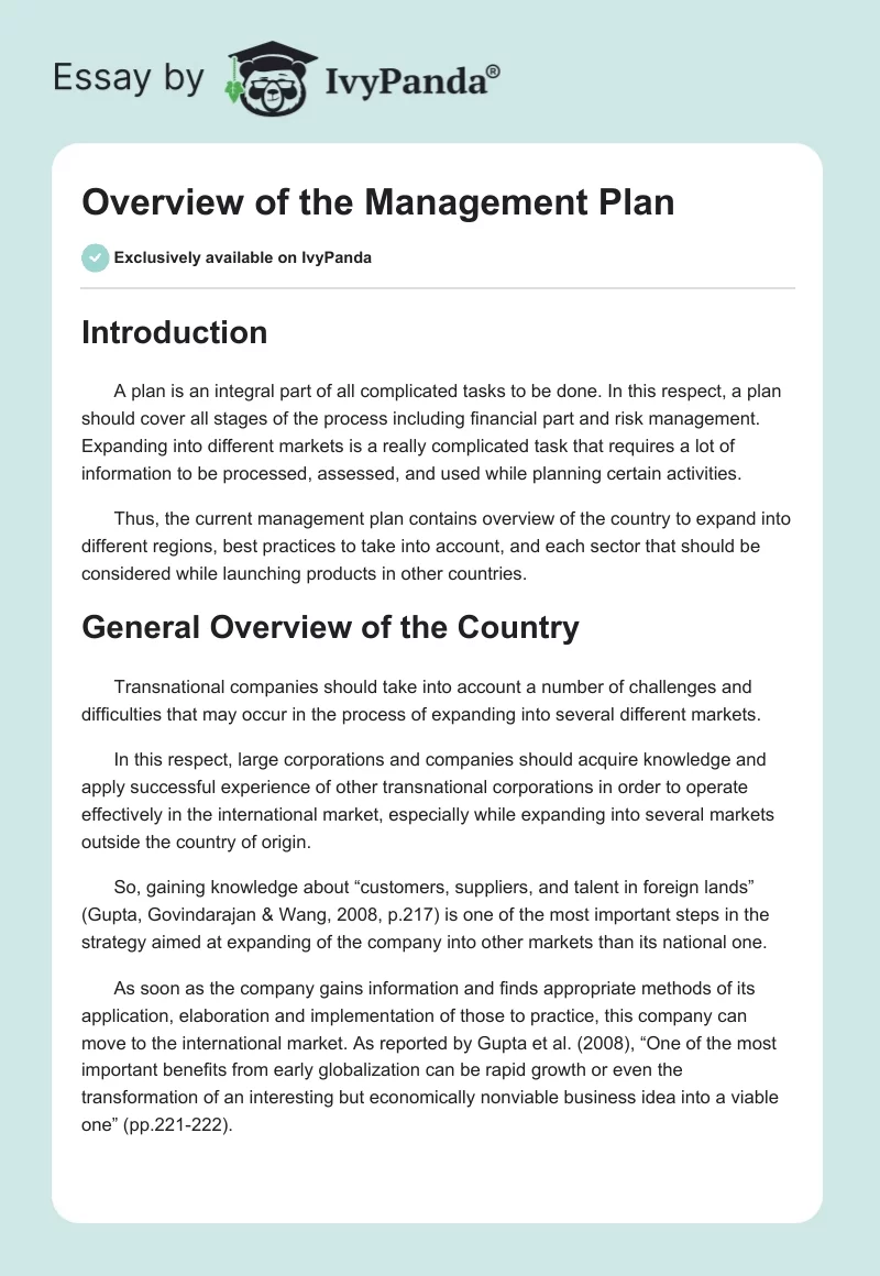 Overview of the Management Plan. Page 1