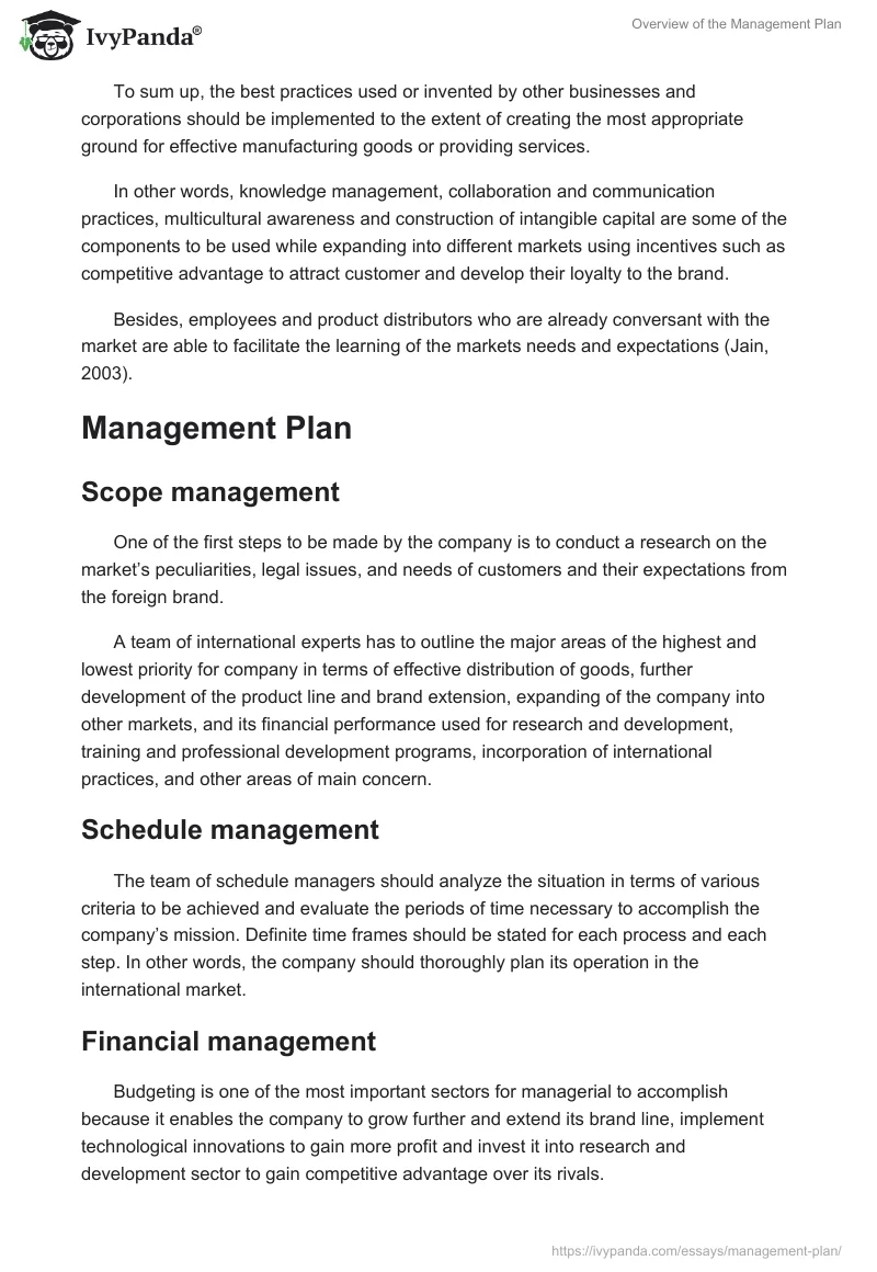 Overview of the Management Plan. Page 3