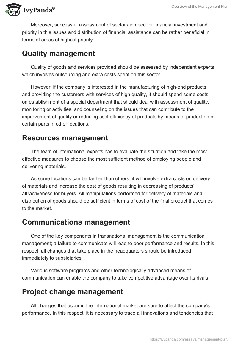 Overview of the Management Plan. Page 4