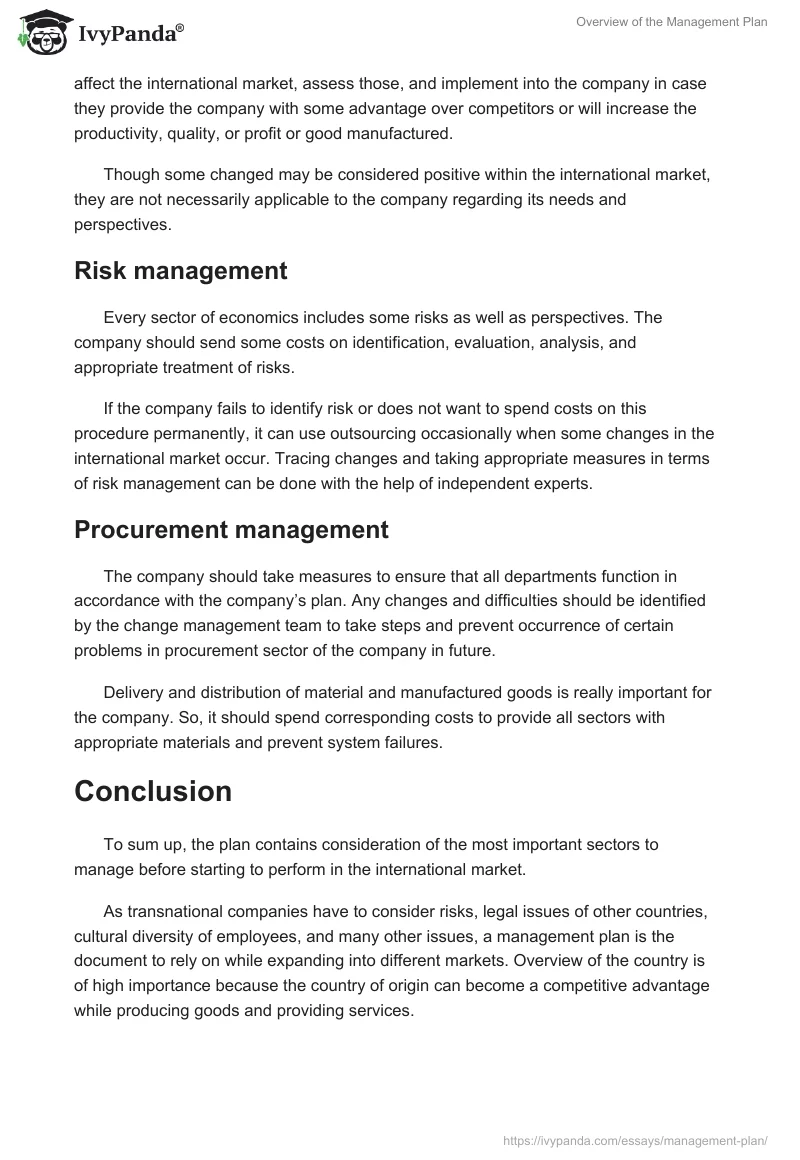 Overview of the Management Plan. Page 5