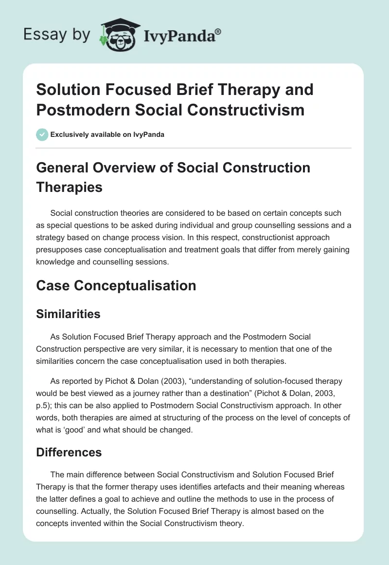 Solution Focused Brief Therapy and Postmodern Social Constructivism. Page 1