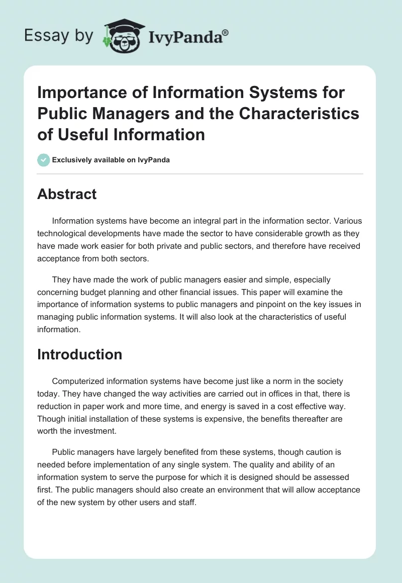 Importance of Information Systems for Public Managers and the Characteristics of Useful Information. Page 1