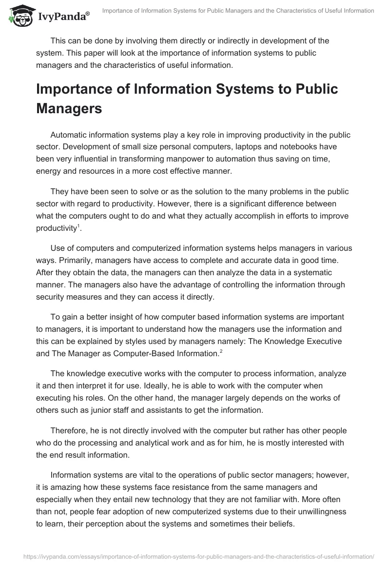 Importance of Information Systems for Public Managers and the Characteristics of Useful Information. Page 2