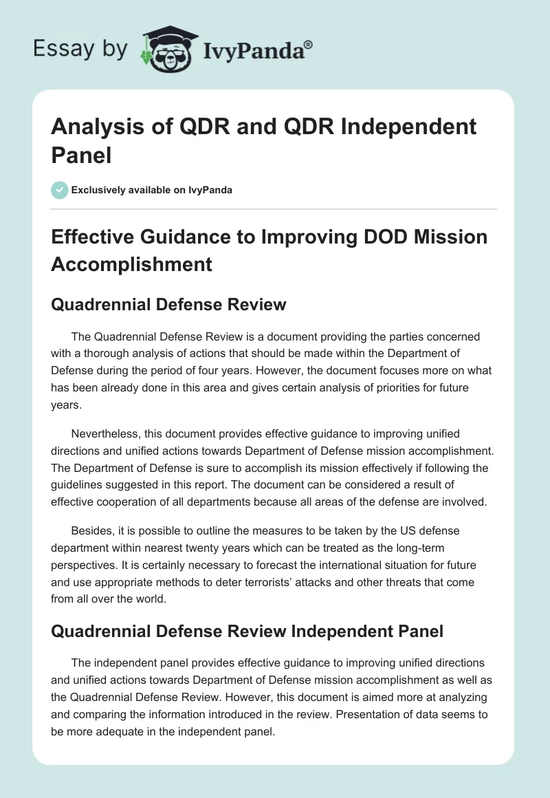 Analysis of QDR and QDR Independent Panel. Page 1