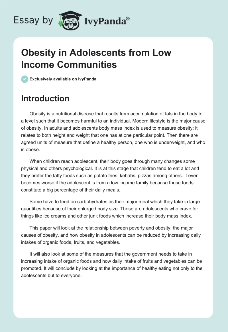 Obesity in Adolescents From Low Income Communities. Page 1