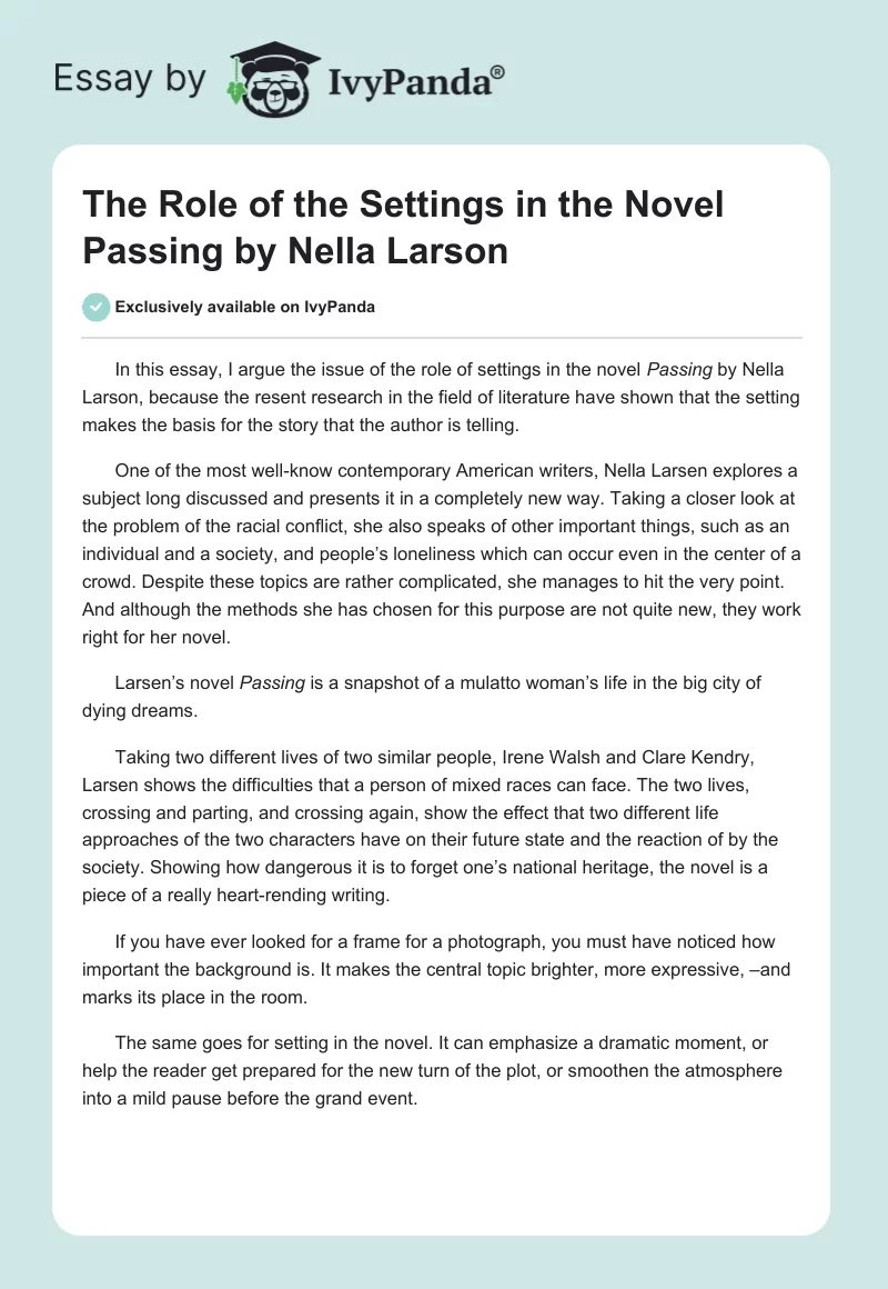 The Role of the Settings in the Novel Passing by Nella Larson. Page 1
