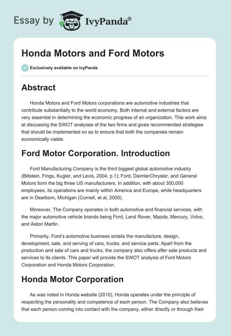 Honda Motors and Ford Motors. Page 1