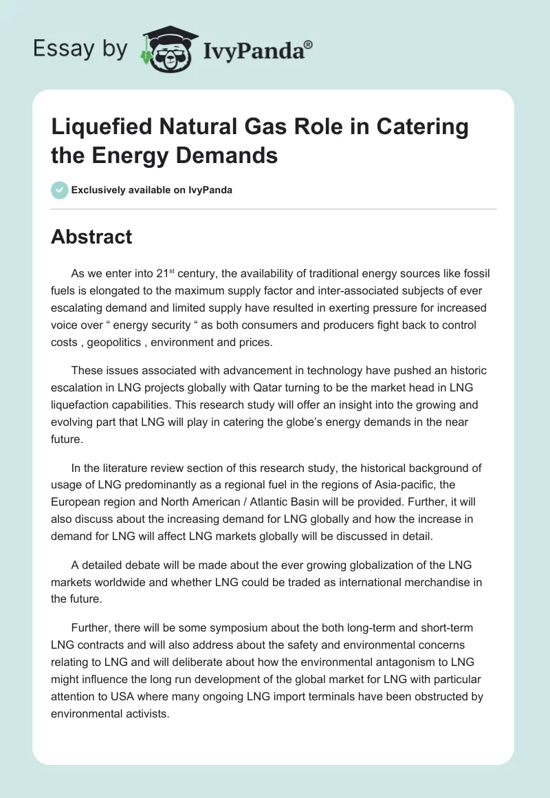 Liquefied Natural Gas Role in Catering the Energy Demands. Page 1