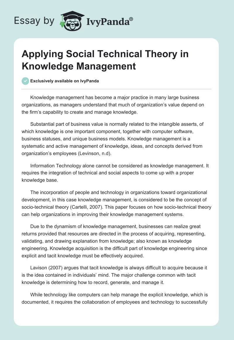 Applying Social Technical Theory in Knowledge Management. Page 1