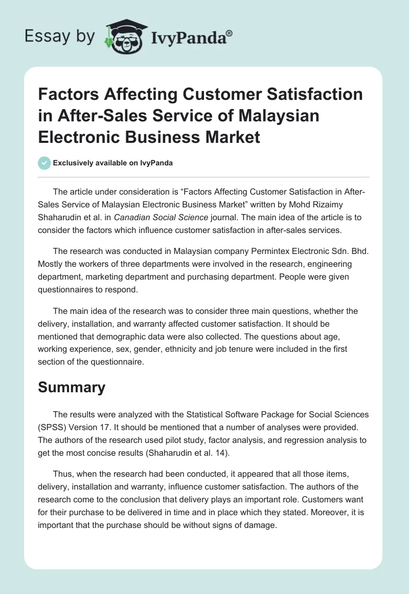 Factors Affecting Customer Satisfaction in After-Sales Service of Malaysian Electronic Business Market. Page 1