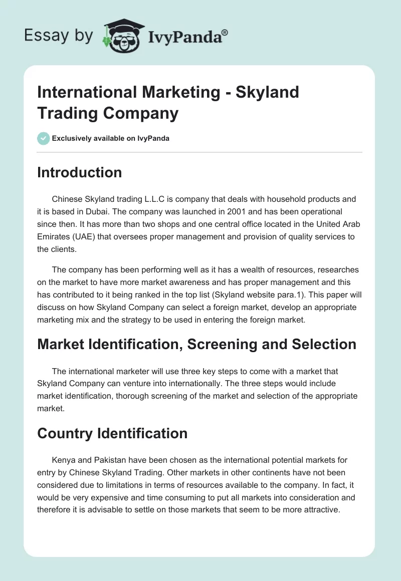 International Marketing - Skyland Trading Company. Page 1
