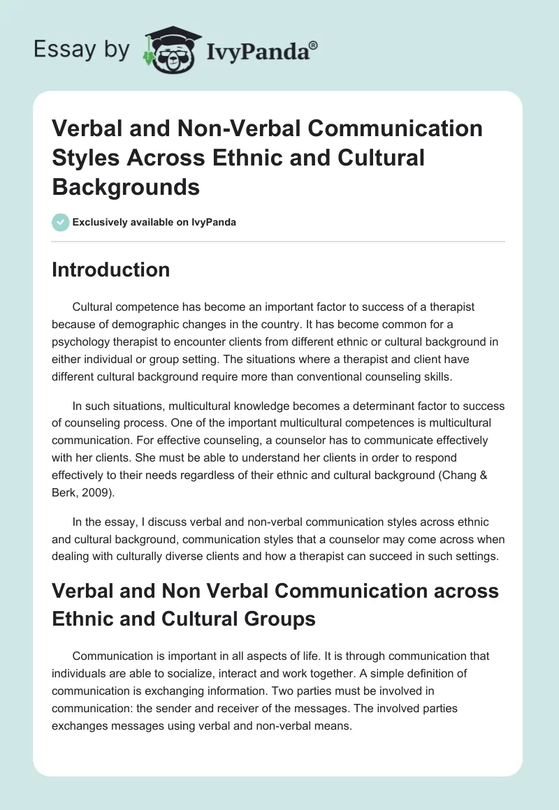 Verbal and Non-Verbal Communication Styles Across Ethnic and Cultural Backgrounds. Page 1