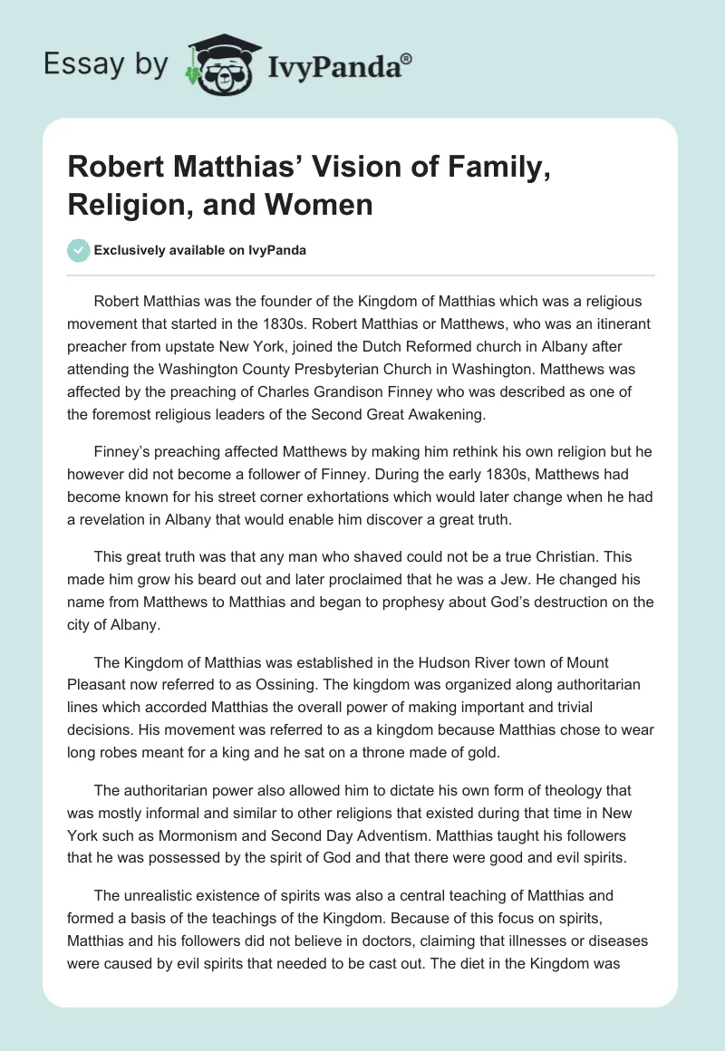 Robert Matthias’ Vision of Family, Religion, and Women. Page 1