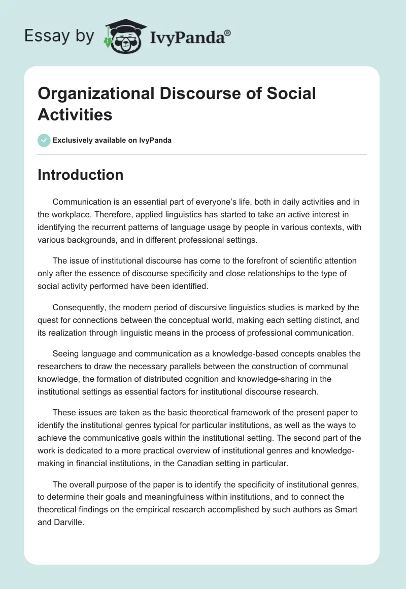 Organizational Discourse of Social Activities. Page 1
