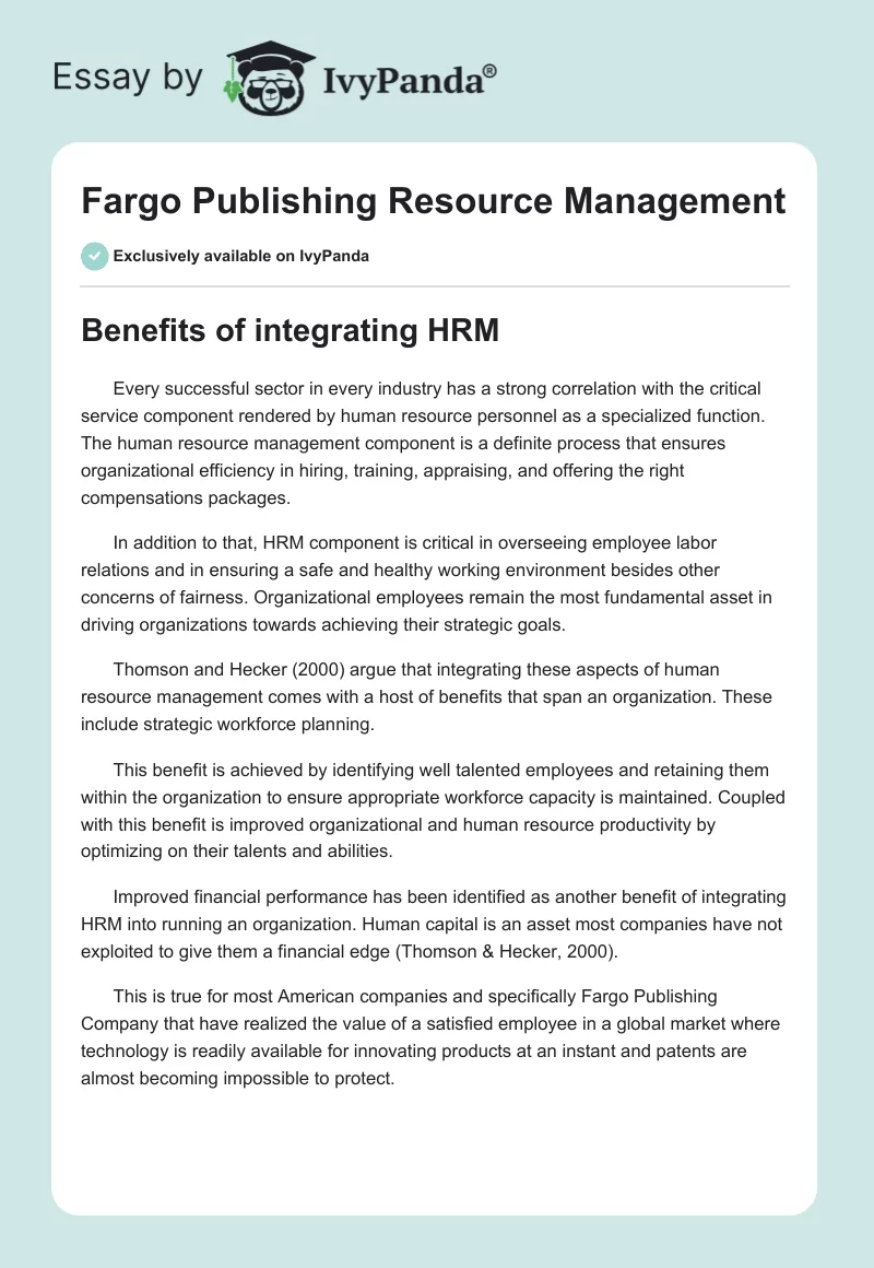 Fargo Publishing Resource Management. Page 1