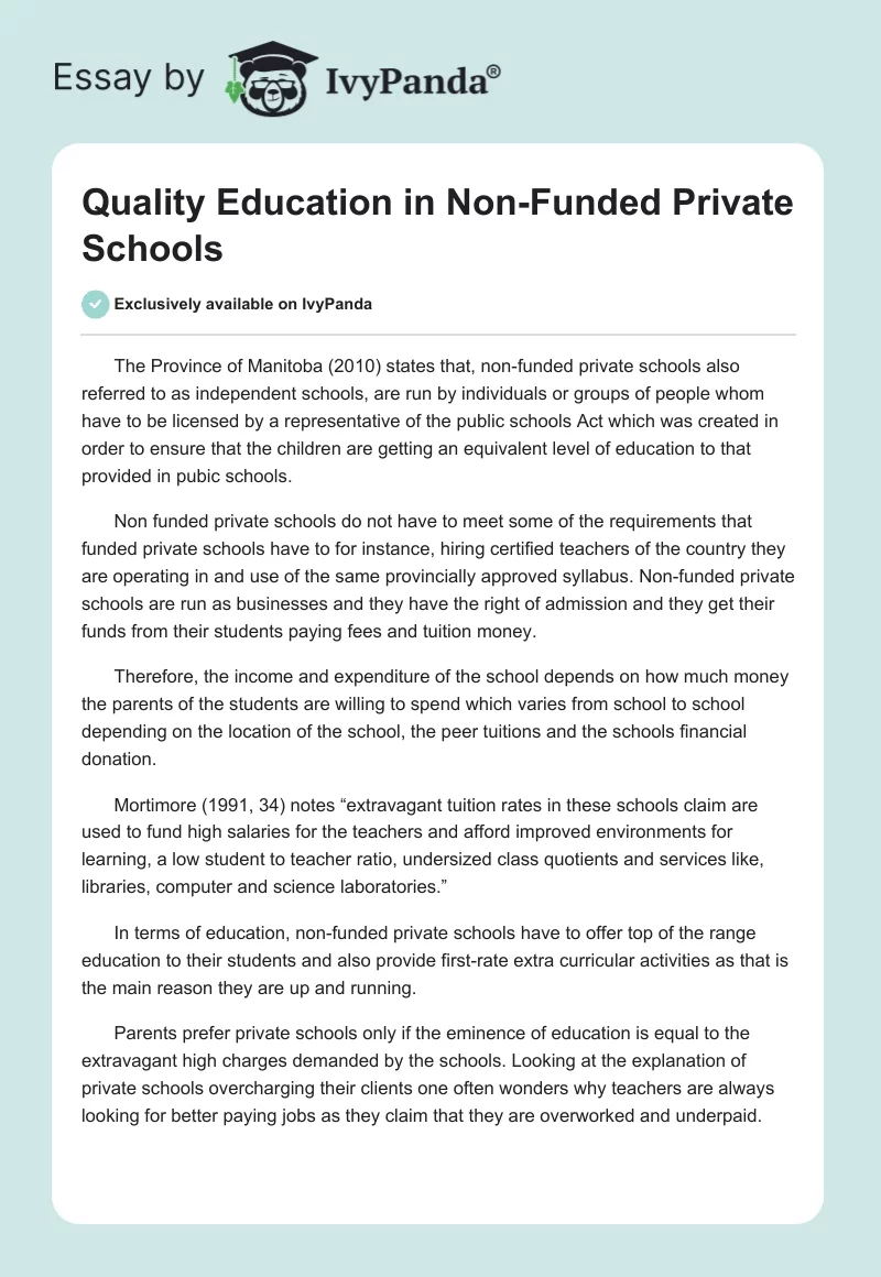 Quality Education in Non-Funded Private Schools. Page 1