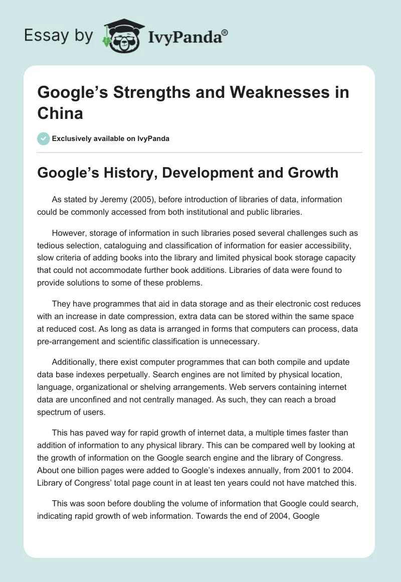 Google’s Strengths and Weaknesses in China. Page 1
