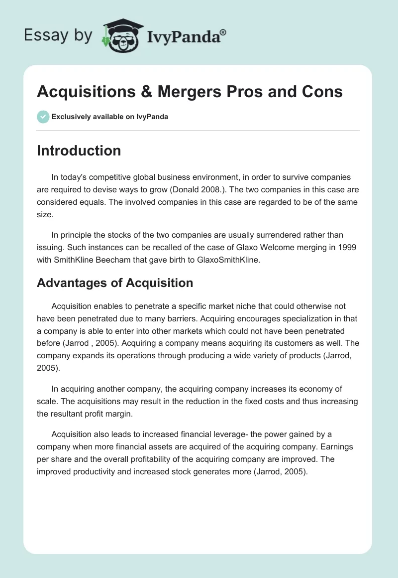 Acquisitions & Mergers Pros and Cons. Page 1