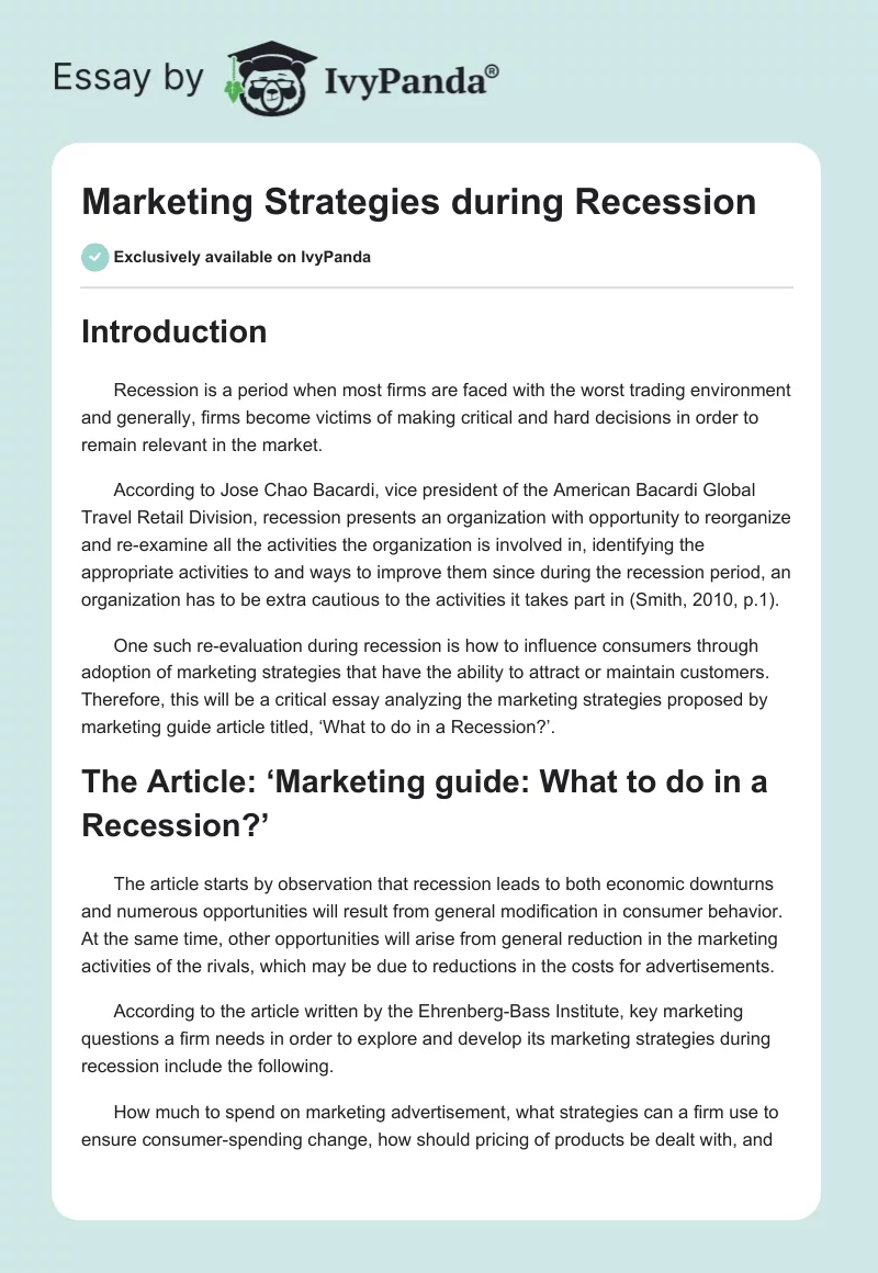 Marketing Strategies during Recession. Page 1
