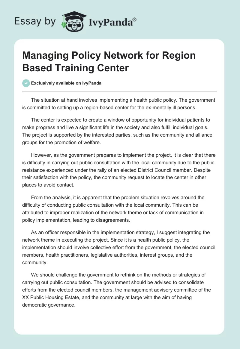 Managing Policy Network for Region Based Training Center. Page 1