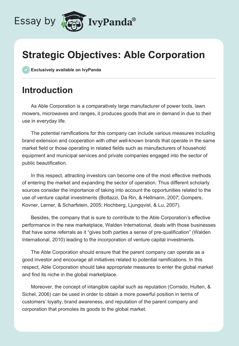 Strategic Objectives: Able Corporation. Page 1