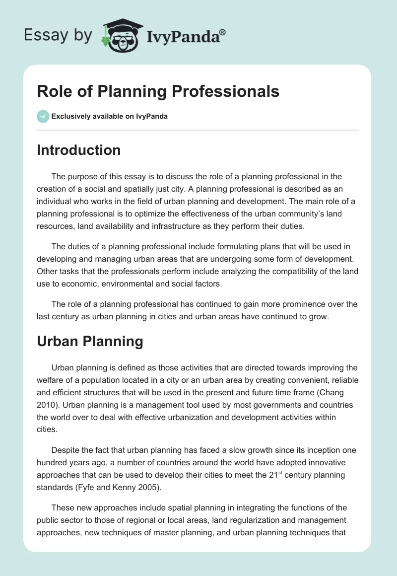 Role of Planning Professionals. Page 1