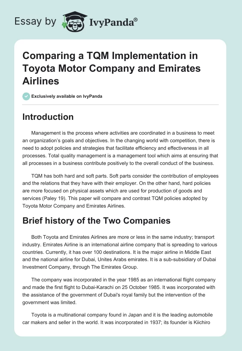 Comparing a TQM Implementation in Toyota Motor Company and Emirates Airlines. Page 1