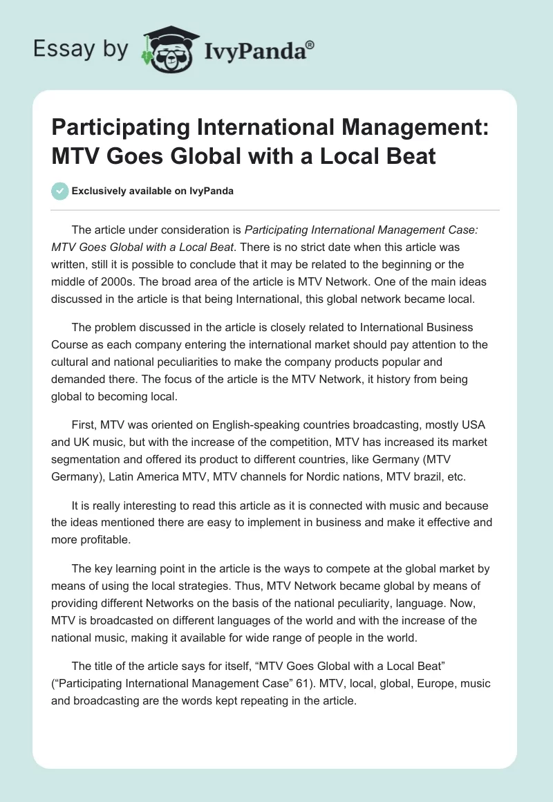 Participating International Management: MTV Goes Global with a Local Beat. Page 1