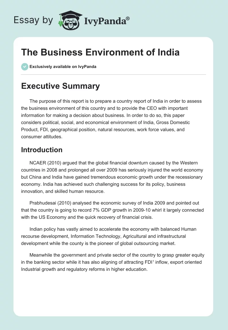 The Business Environment of India. Page 1