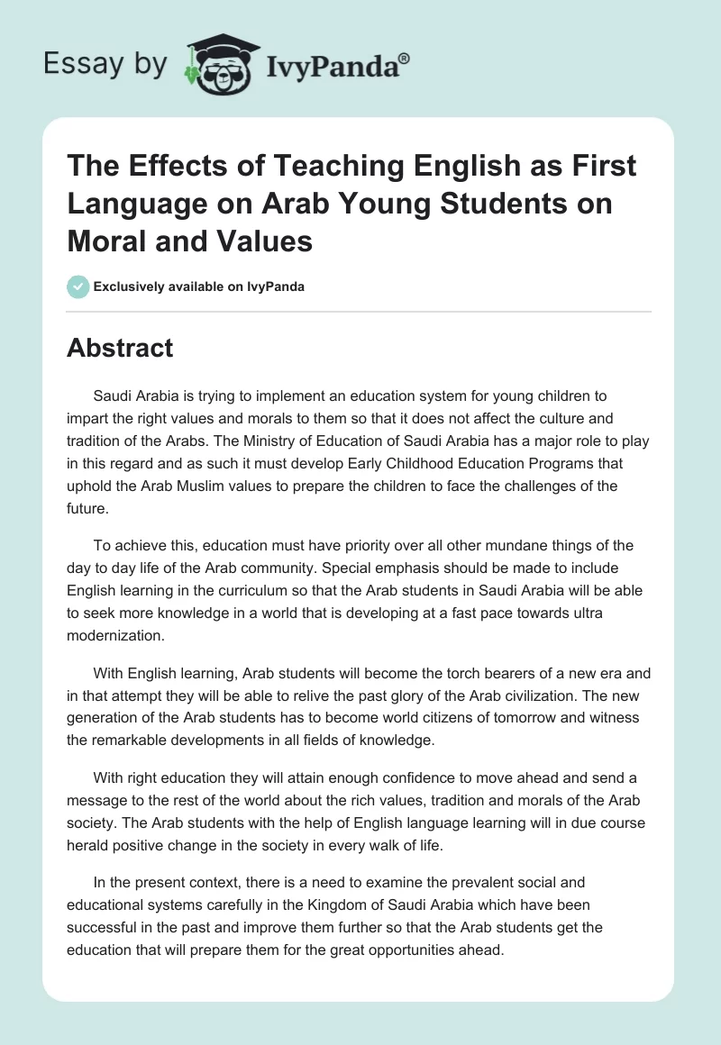 The Effects of Teaching English as a First Language on Arab Young Students on Moral and Values. Page 1