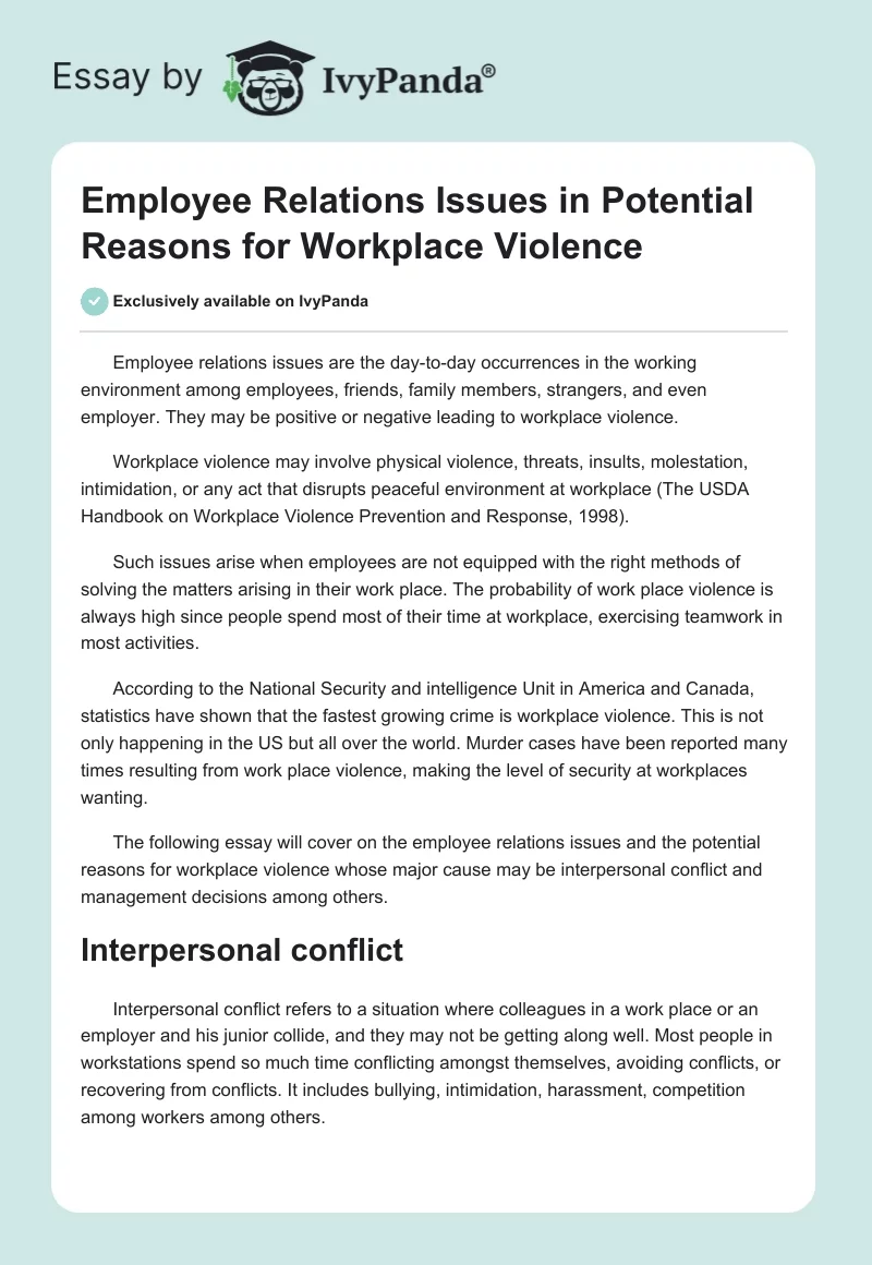 Employee Relations Issues in Potential Reasons for Workplace Violence. Page 1