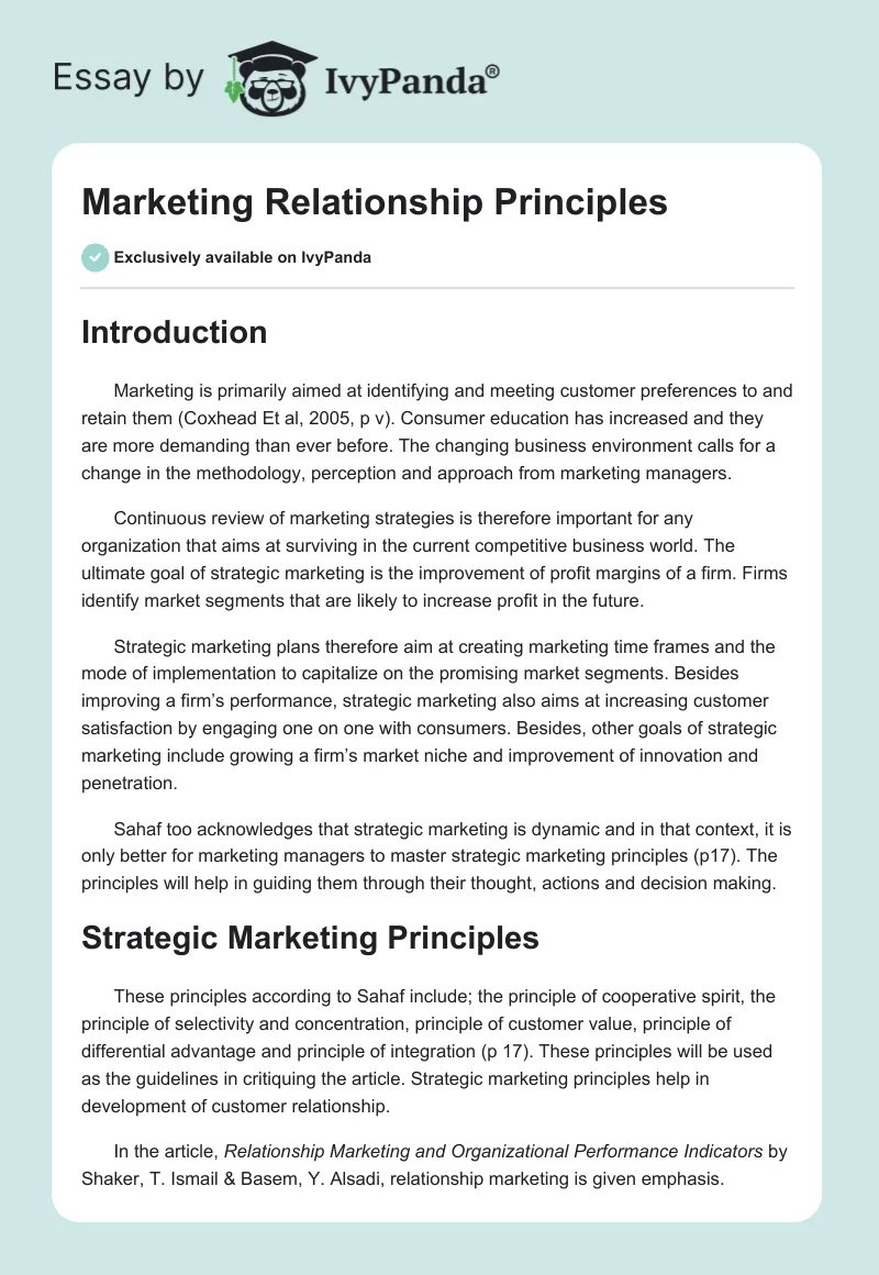 Marketing Relationship Principles. Page 1