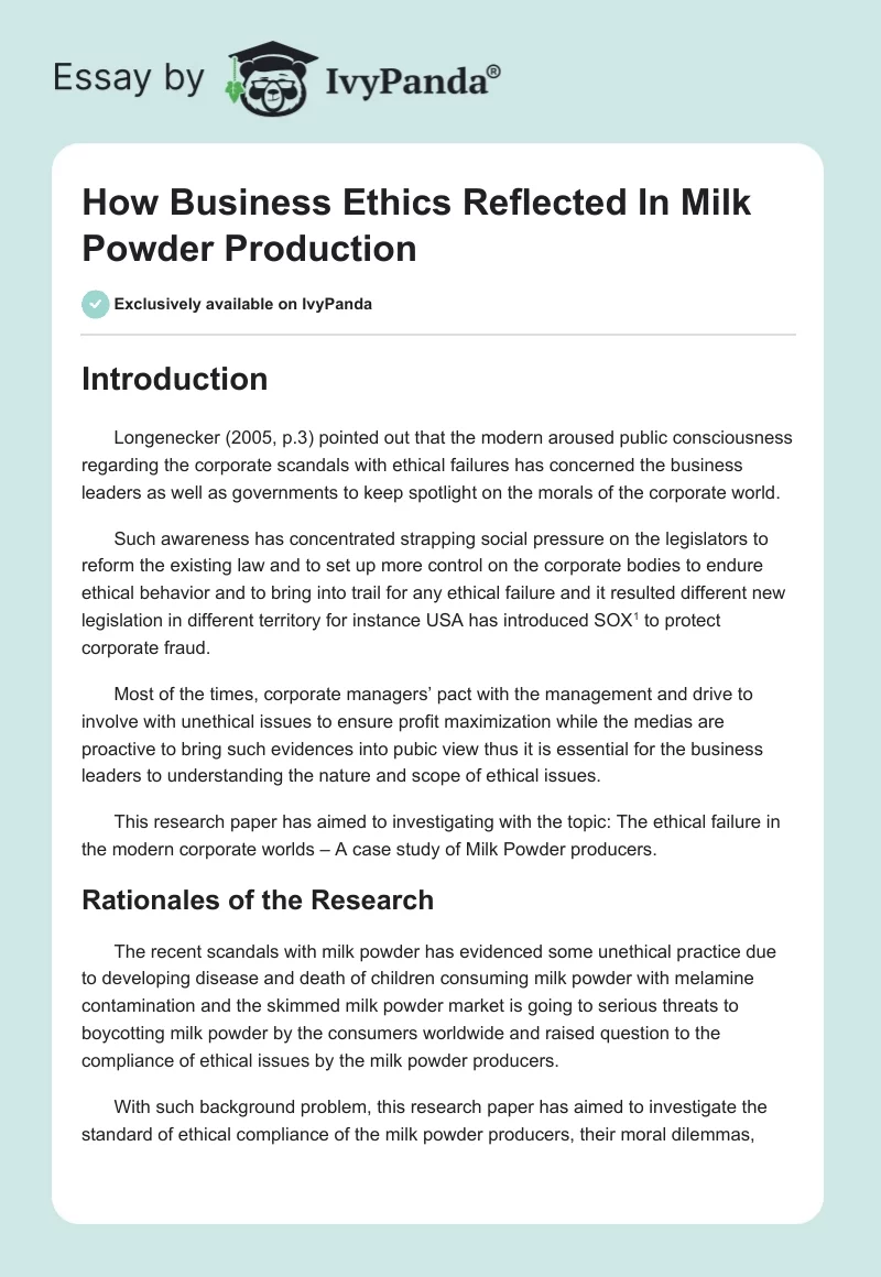 How Business Ethics Reflected In Milk Powder Production. Page 1