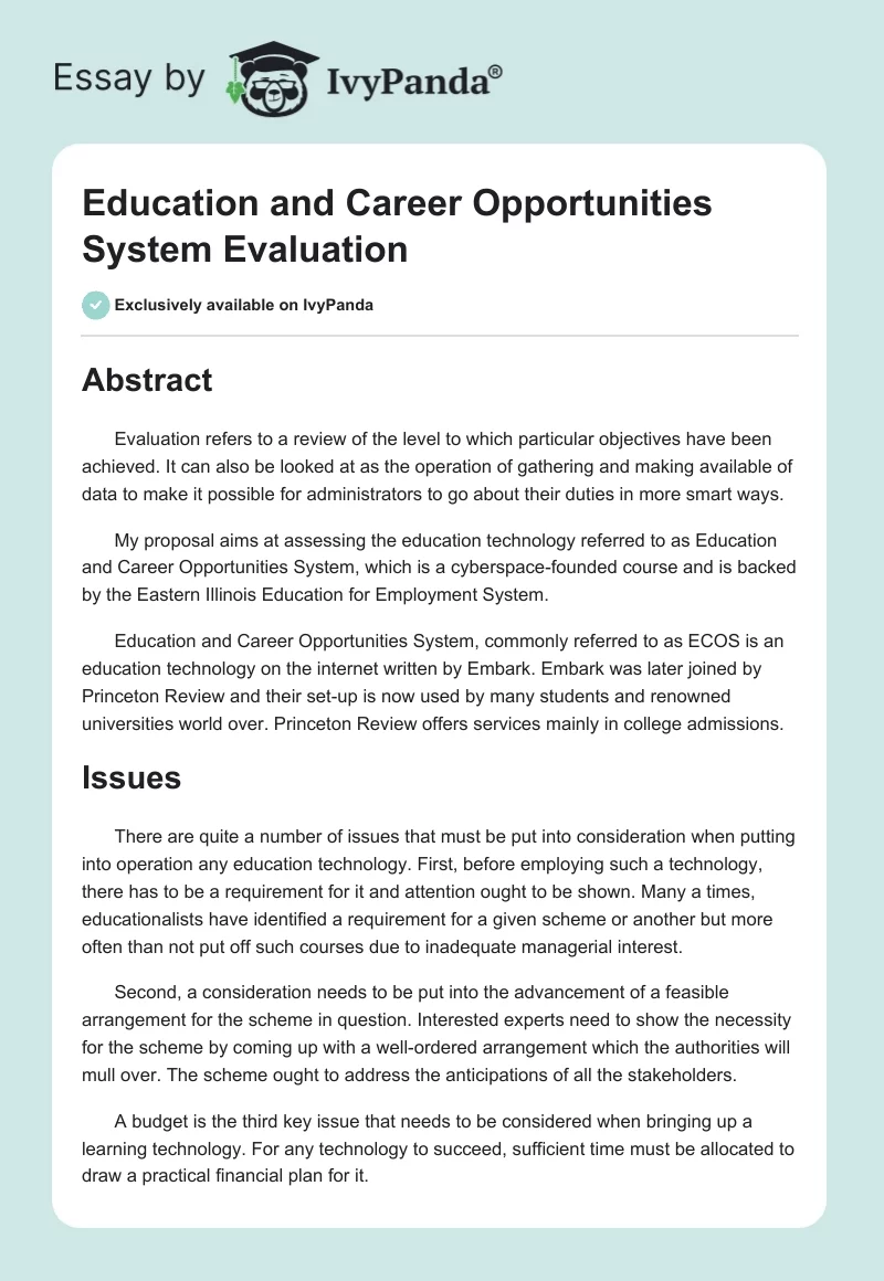 Education and Career Opportunities System Evaluation. Page 1