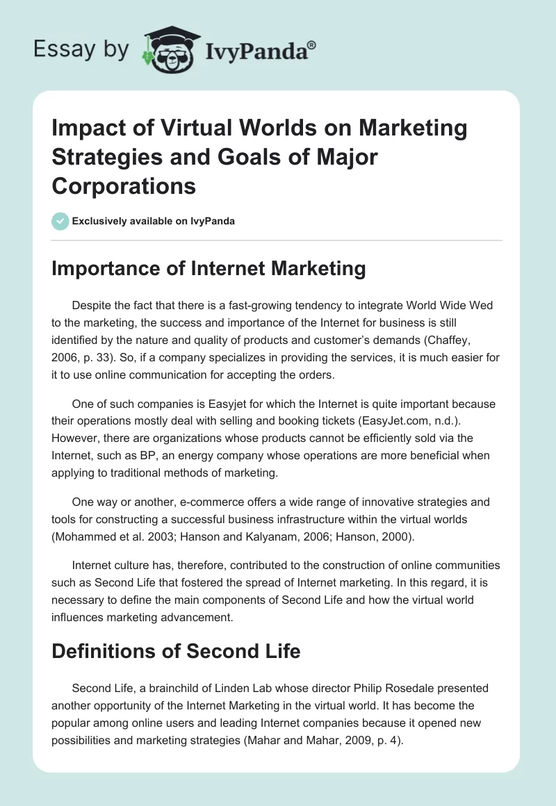 Impact of Virtual Worlds on Marketing Strategies and Goals of Major Corporations. Page 1