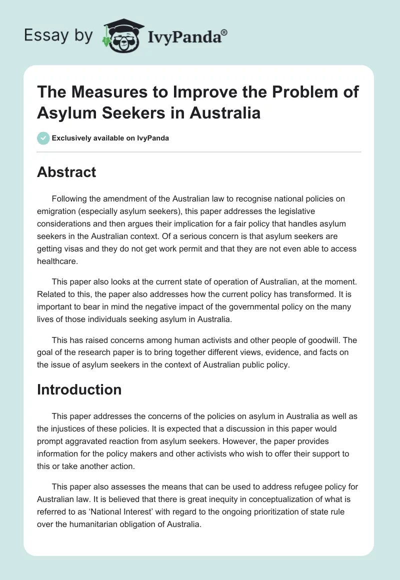 The Measures to Improve the Problem of Asylum Seekers in Australia. Page 1