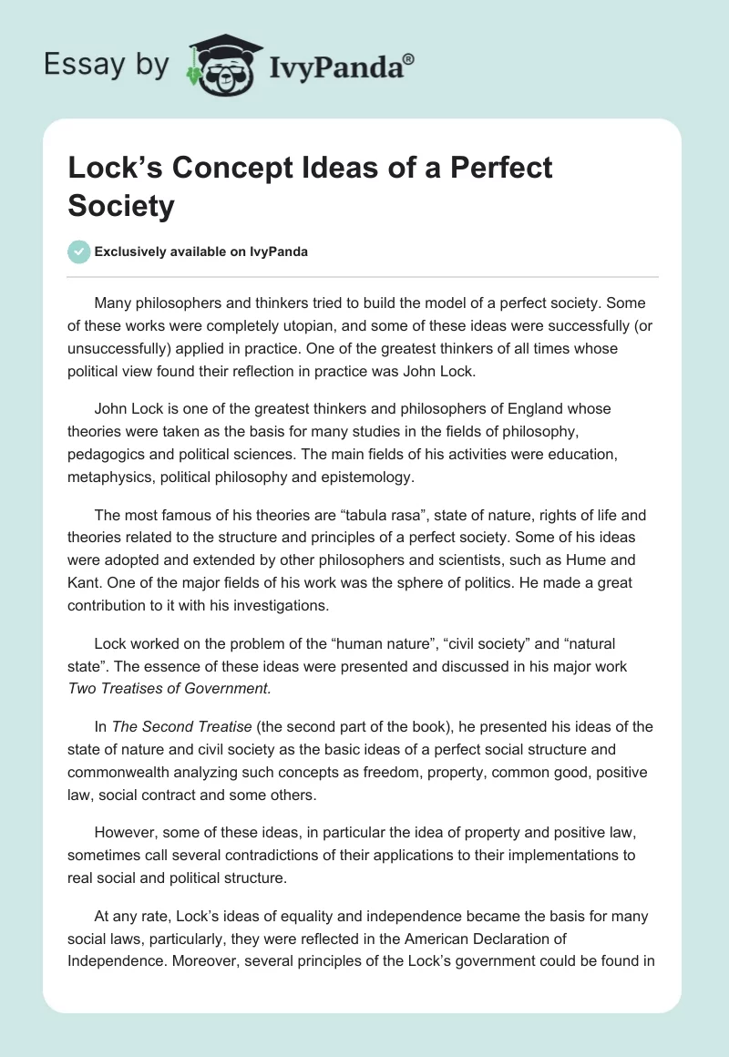 Lock’s Concept Ideas of a Perfect Society. Page 1