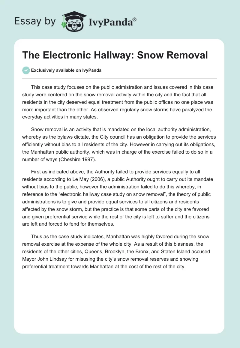 The Electronic Hallway: Snow Removal. Page 1