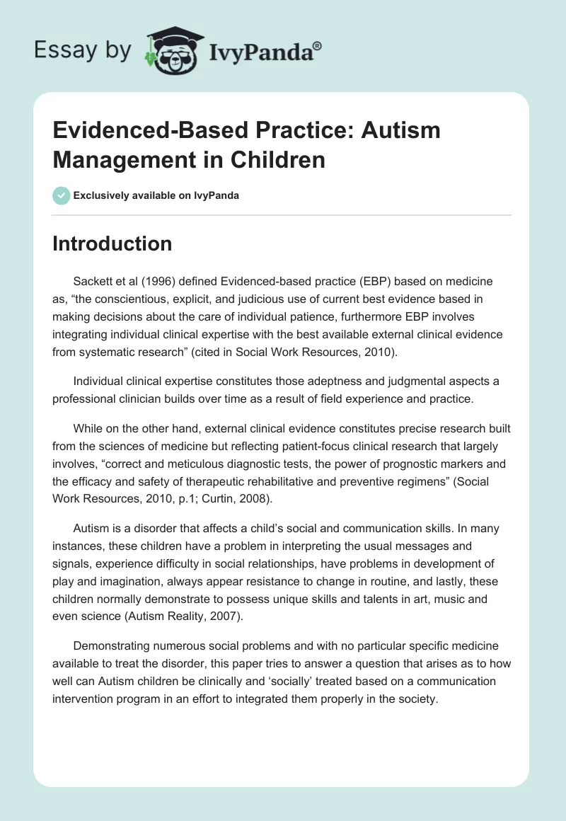 Evidenced-Based Practice: Autism Management in Children. Page 1
