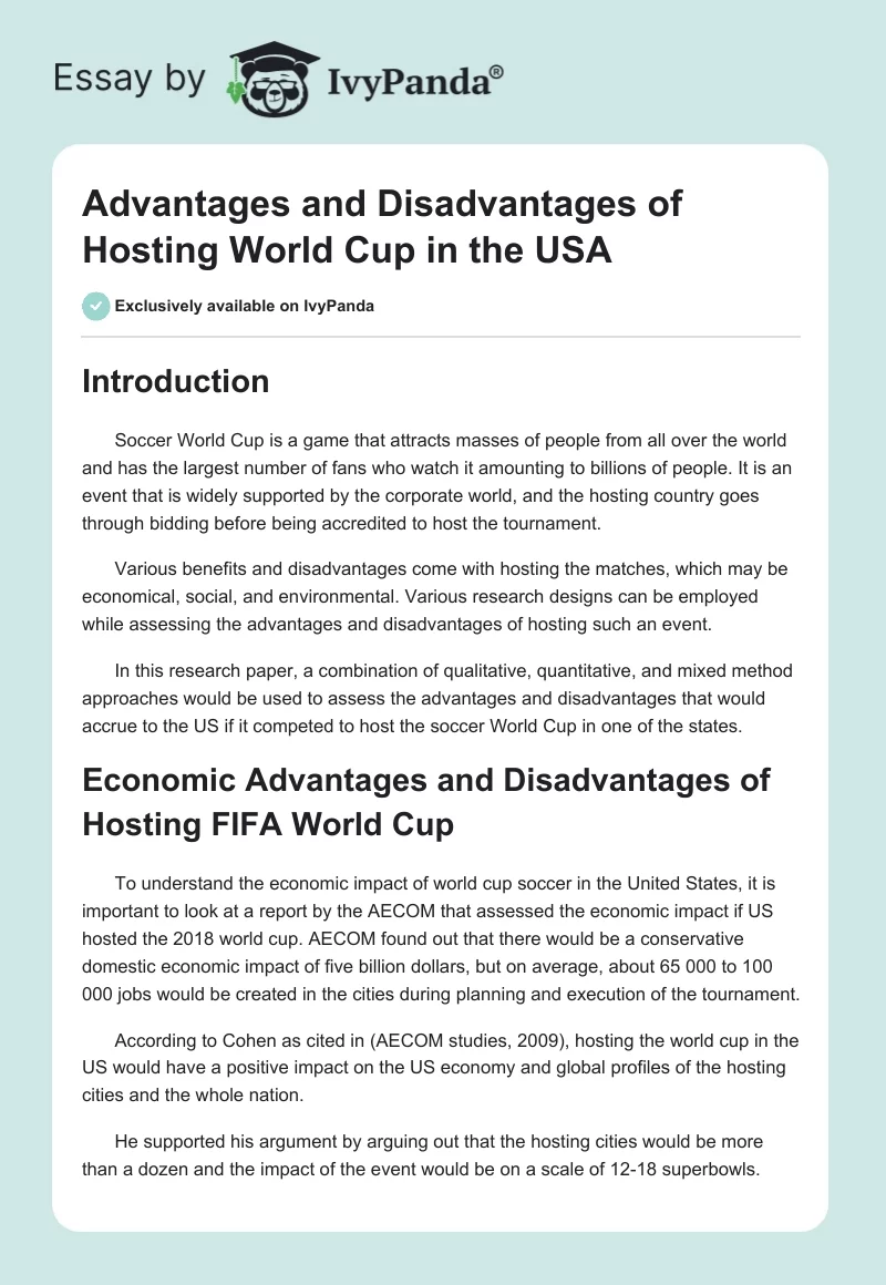 Pros and Cons of Hosting the World Cup. Page 1