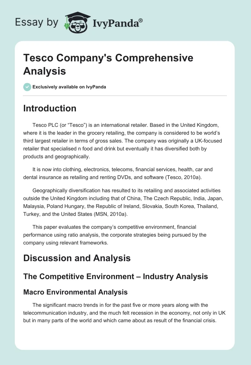 Tesco Company's Comprehensive Analysis. Page 1