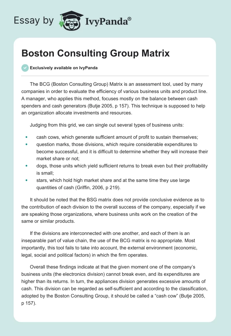 Boston Consulting Group Matrix. Page 1