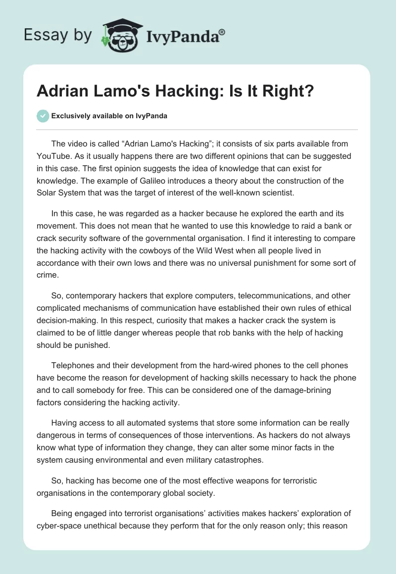 Adrian Lamo's Hacking: Is It Right?. Page 1