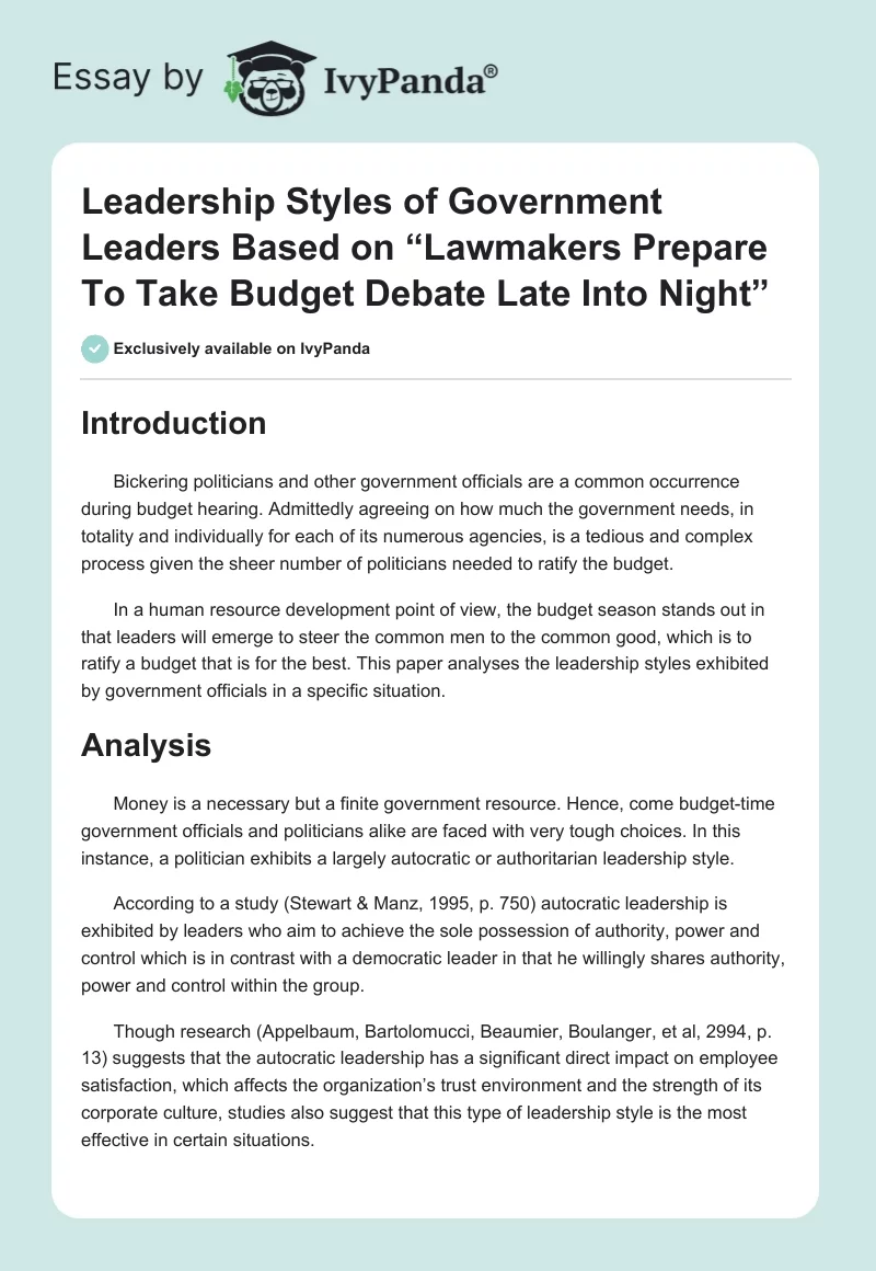 Leadership Styles of Government Leaders Based on “Lawmakers Prepare To Take Budget Debate Late Into Night”. Page 1