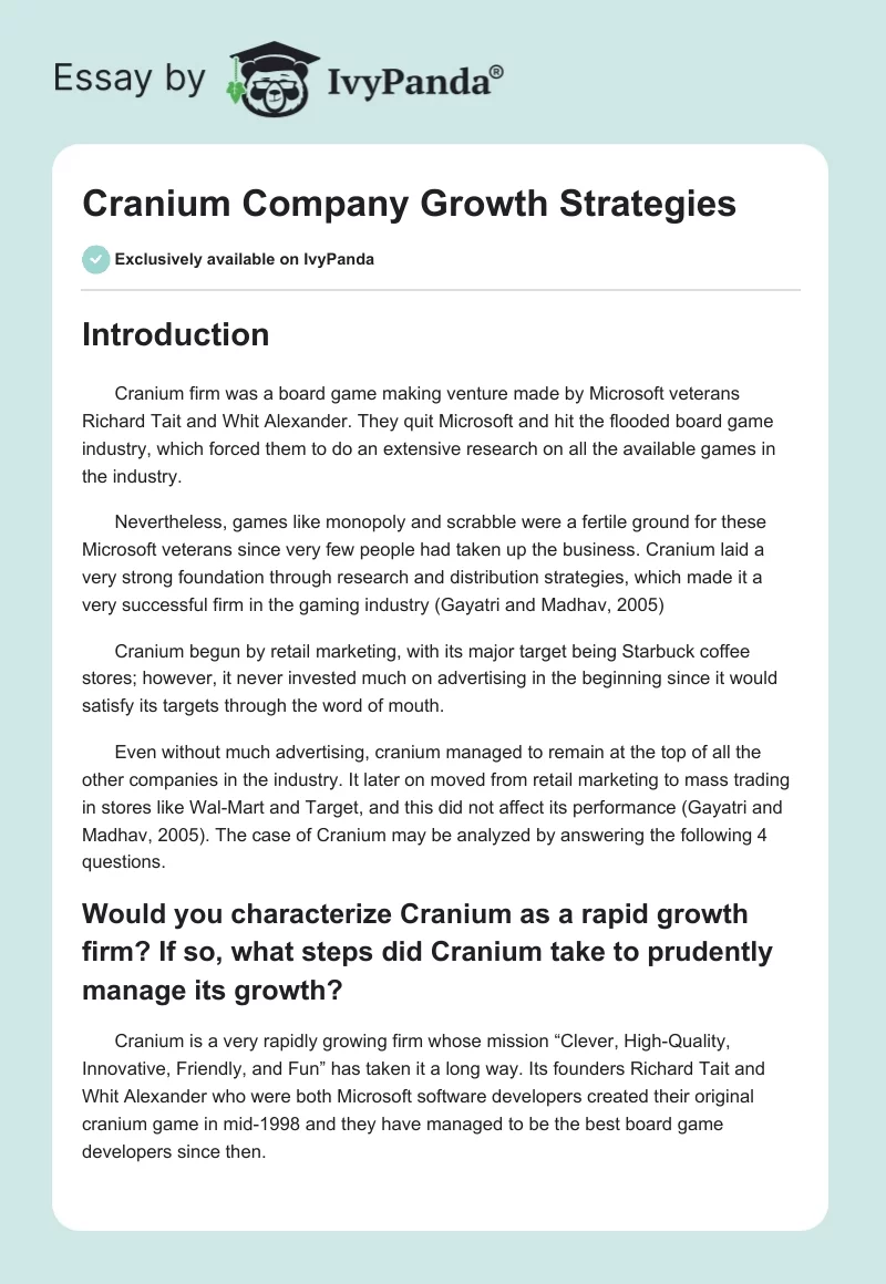 Cranium Company Growth Strategies. Page 1