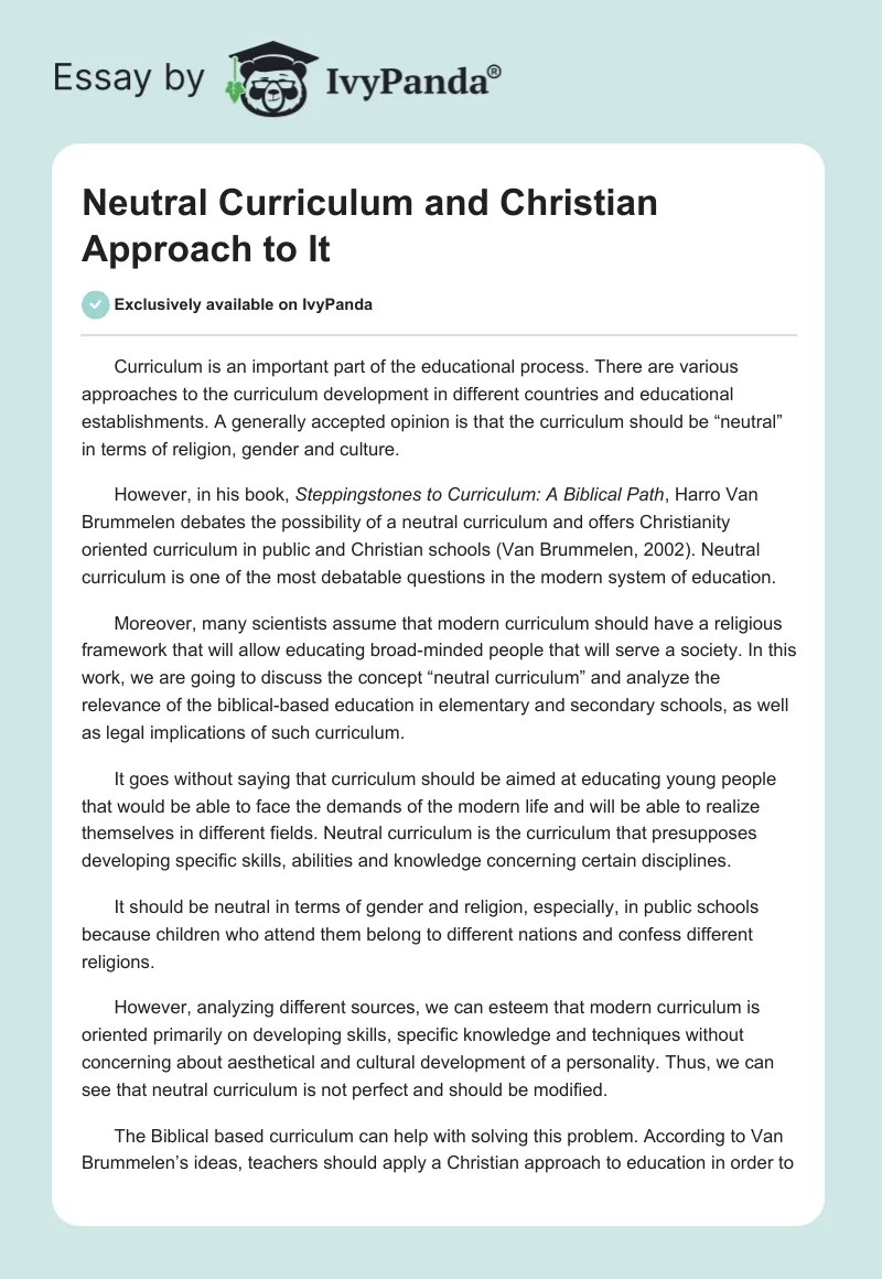Neutral Curriculum and Christian Approach to It. Page 1