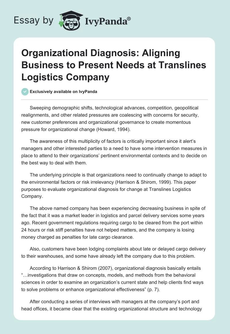Organizational Diagnosis: Aligning Business to Present Needs at Translines Logistics Company. Page 1
