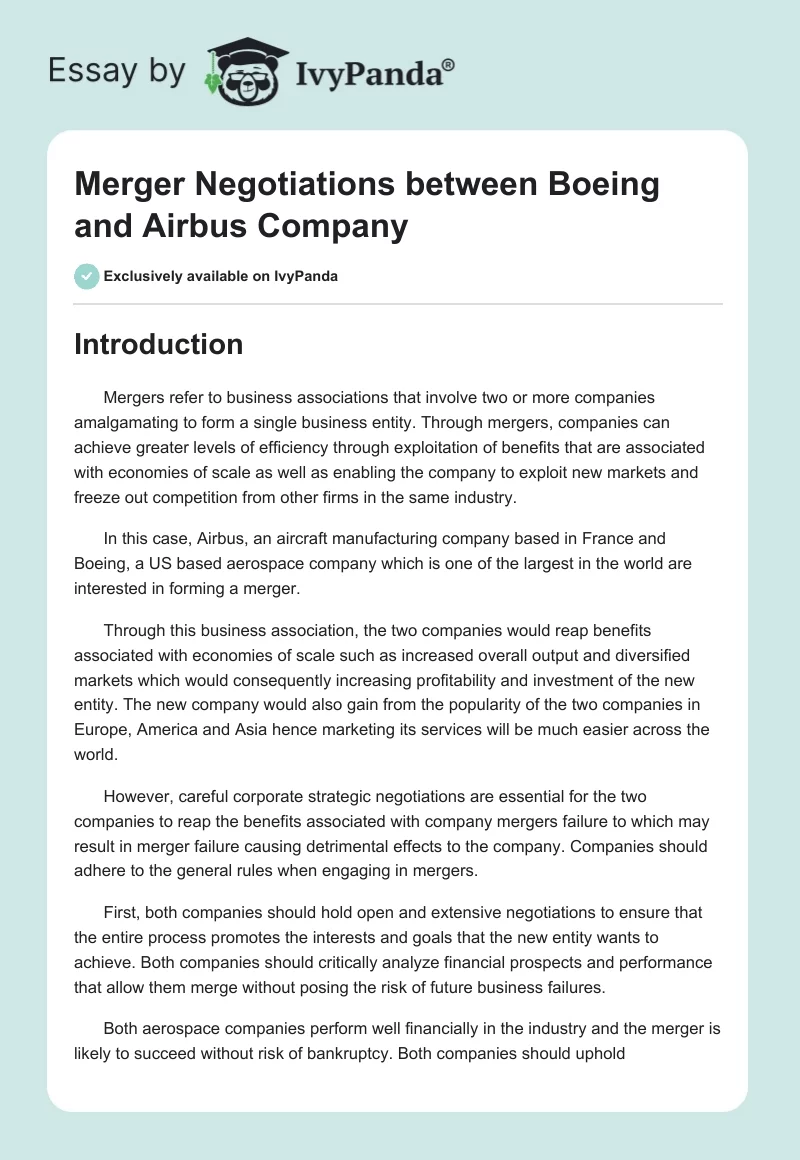 Merger Negotiations Between Boeing and Airbus Company. Page 1