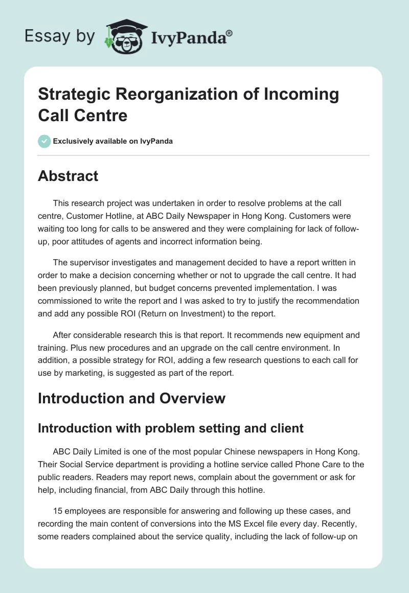 Strategic Reorganization of an Incoming Call Centre. Page 1